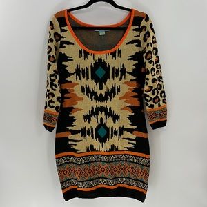 Flying Tomato Black and Tan Patterned Long Sleeve Dress